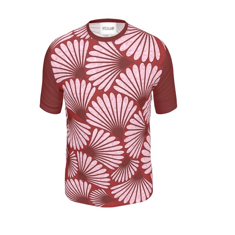 Feather Fan T-Shirt (Pink on Burgundy)