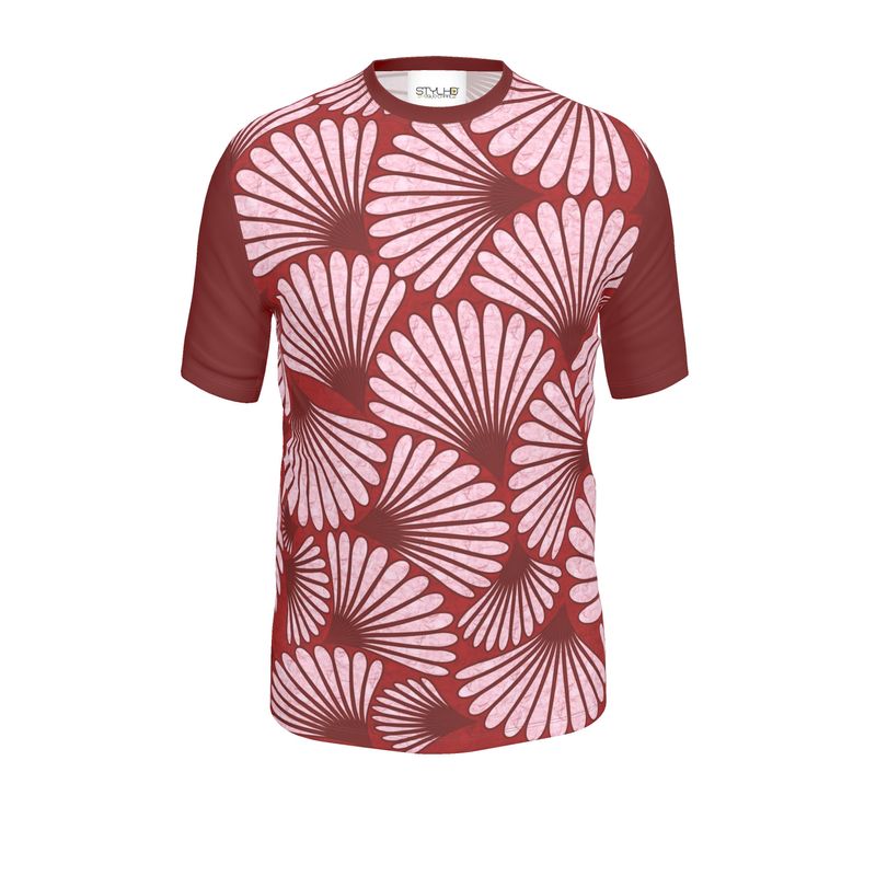 Feather Fan T-Shirt (Pink on Burgundy)