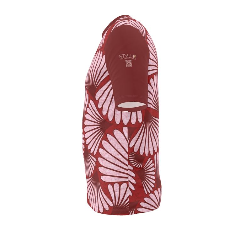 Feather Fan T-Shirt (Pink on Burgundy)