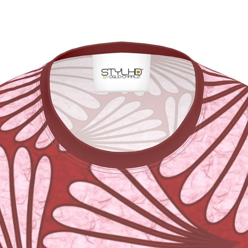 Feather Fan T-Shirt (Pink on Burgundy)